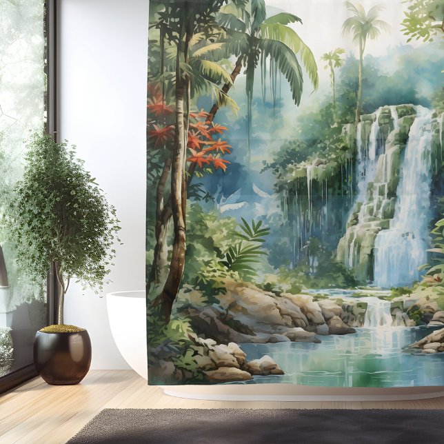 Watercolor Mayan Jungle Waterfall Shower Curtain (Creator Uploaded)