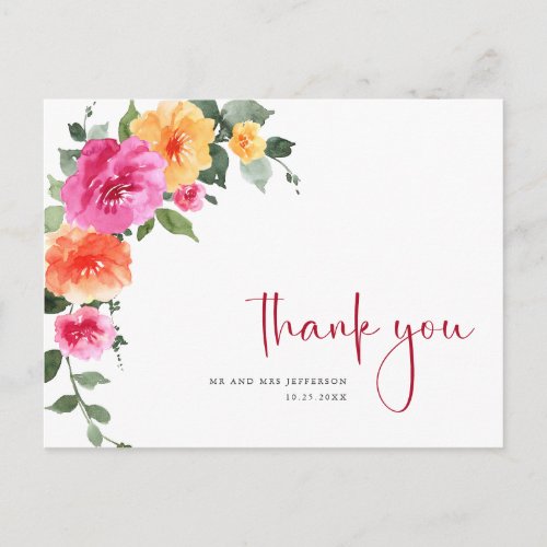 Watercolor Meadow Bright Pink Flower Thank You Postcard