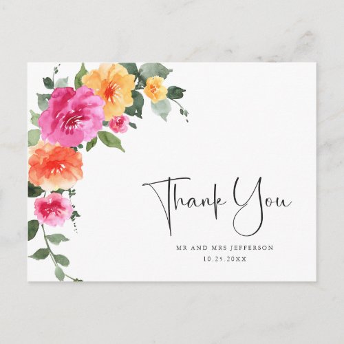 Watercolor Meadow Bright Pink Flower Thank You Postcard