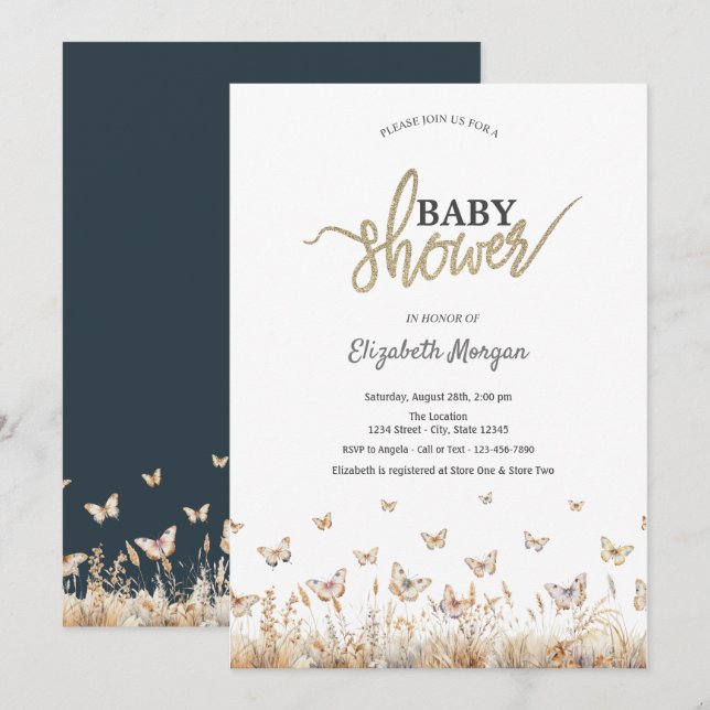 Watercolor Meadow Butterflies Baby Shower Invitation (Front/Back)