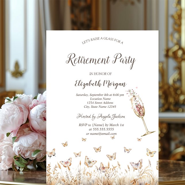 Watercolor Meadow Butterflies Glass Retirement  Invitation (Creator Uploaded)