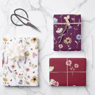Watercolor Meadow Floral Butterflies Bees Design Wrapping Paper Sheets