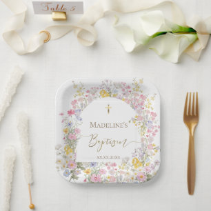 watercolor meadow flowers Baptism Paper Plates
