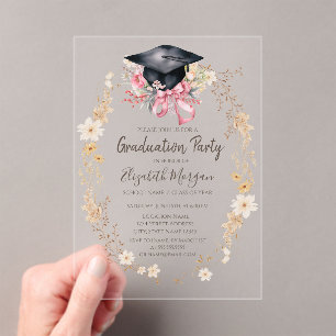 Watercolor Meadow Flowers Cap Bow Graduation Acrylic Invitations