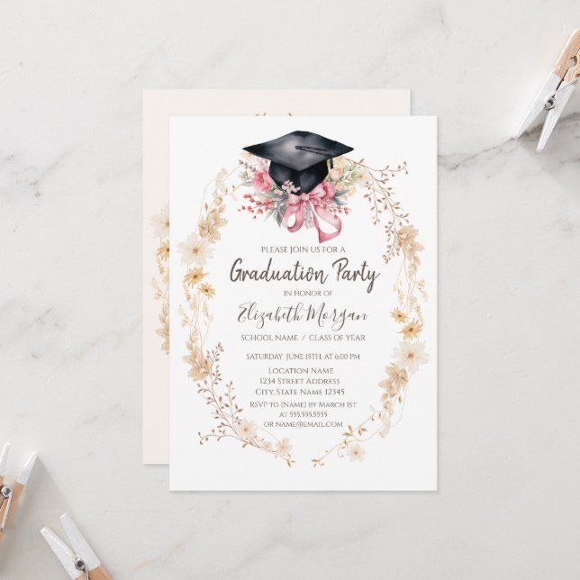 Watercolor Meadow Flowers Cap Bow Graduation Invitation (Front/Back In Situ)