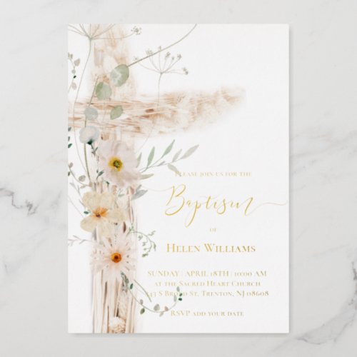 watercolor meadow flowers cross Baptism Foil Invitation