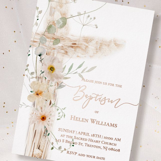watercolor meadow flowers cross Baptism Foil Invitation (Creator Uploaded)