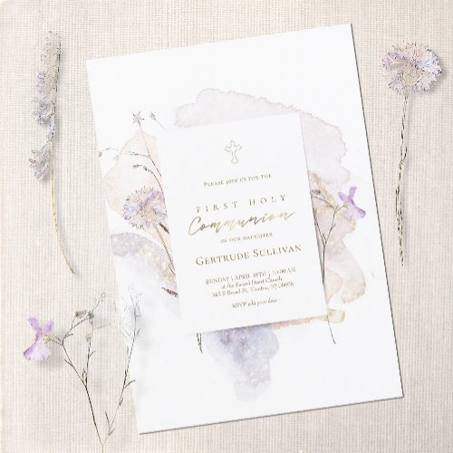 watercolor meadow flowers First Holy Communion Invitation