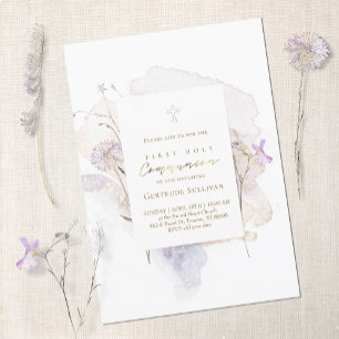 watercolor meadow flowers First Holy Communion Invitation