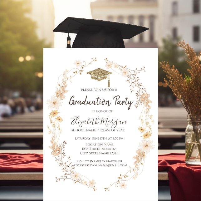 Watercolor Meadow Flowers Glitter Cap Graduation  Invitation (Creator Uploaded)