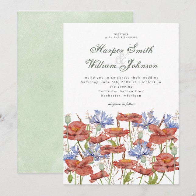 Watercolor meadow flowers grass wedding invitation (Front/Back)