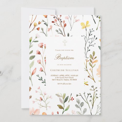 watercolor meadow flowers pattern Baptism Invitation