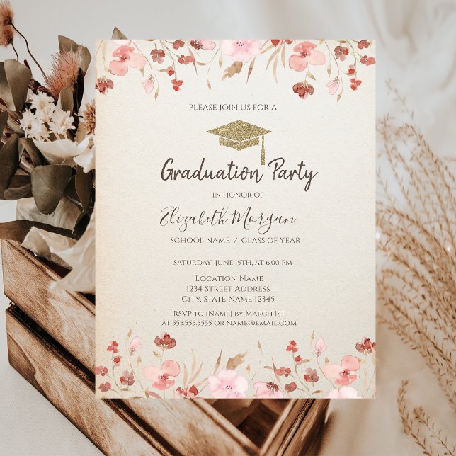 Watercolor Meadow Glitter Cap Graduation   Invitation (Creator Uploaded)