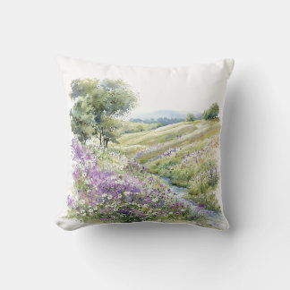 Watercolor Meadow Hill Painting Throw Pillow