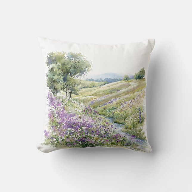 Watercolor Meadow Hill Painting Throw Pillow (Front)