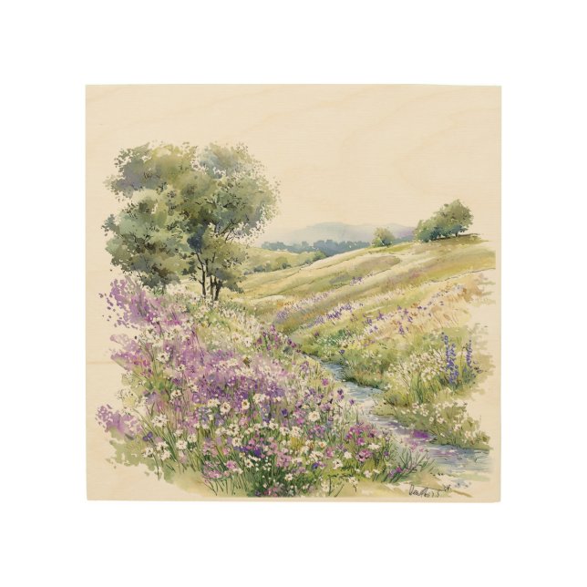Watercolor Meadow Hill Painting Wood Wall Art (Front)