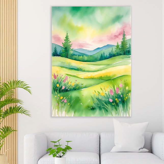 Watercolor Meadow Landscape with Hills and Trees Poster (Creator Uploaded)