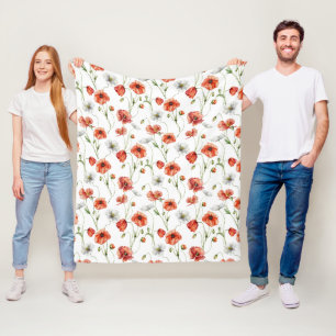 Watercolor Meadow Poppies And White Wildflowers Fleece Blanket