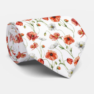 Watercolor Meadow Poppies And White Wildflowers Neck Tie