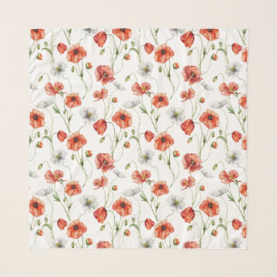Watercolor Meadow Poppies And White Wildflowers Scarf