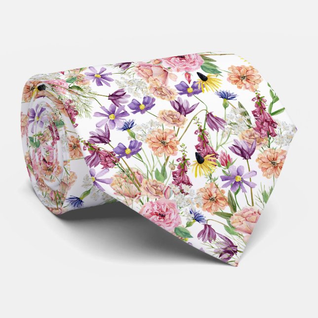 Watercolor Meadow Wild Floral Pattern  Neck Tie (Rolled)