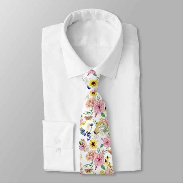 Watercolor Meadow Wild Floral Pattern  Neck Tie (Tied)