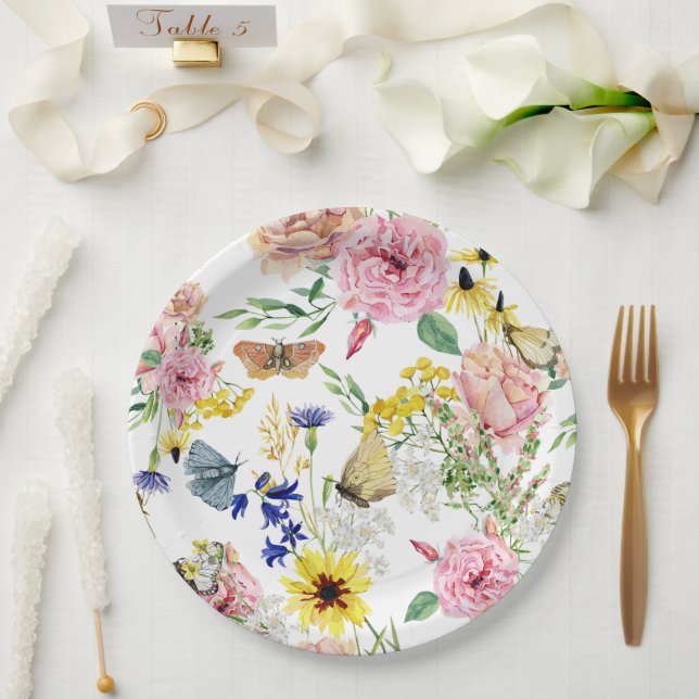 Watercolor Meadow Wild Floral Pattern  Paper Plates (Wedding)