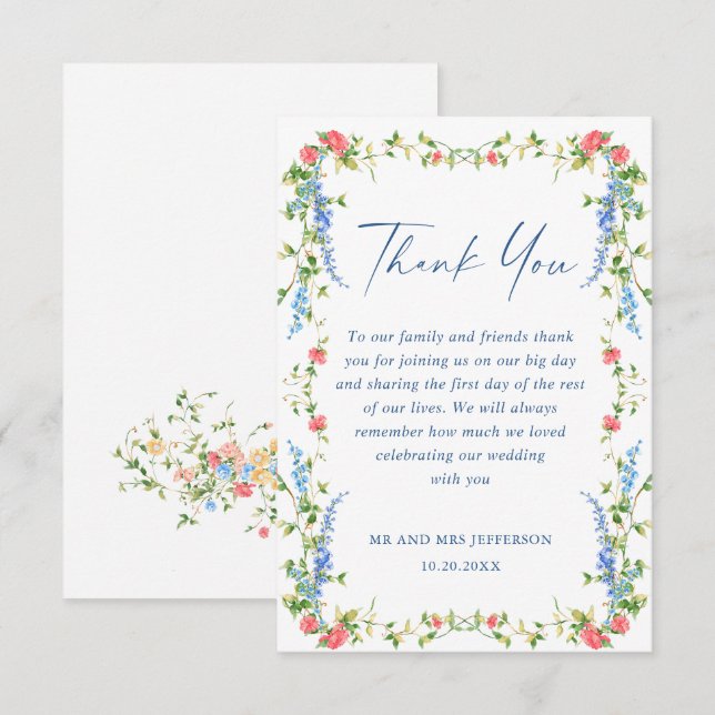 Watercolor Meadow Wildflower Bohemian Wedding Thank You Card (Front/Back)