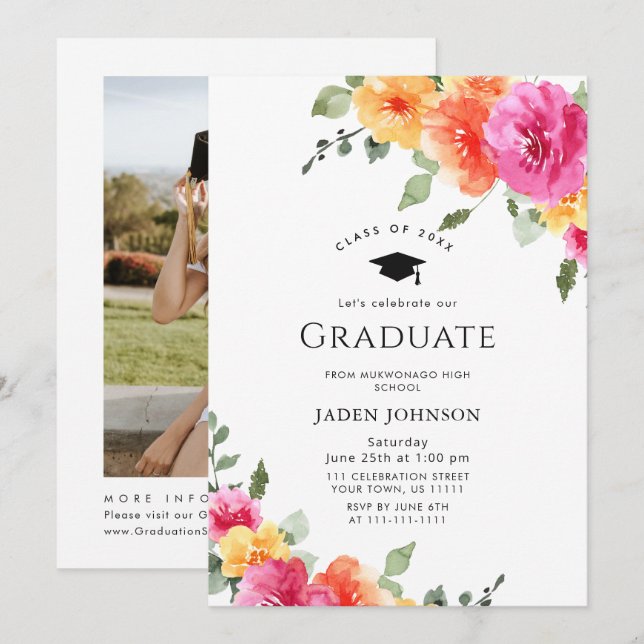 Watercolor Meadow Wildflower Boho Graduation Party Invitation (Front/Back)