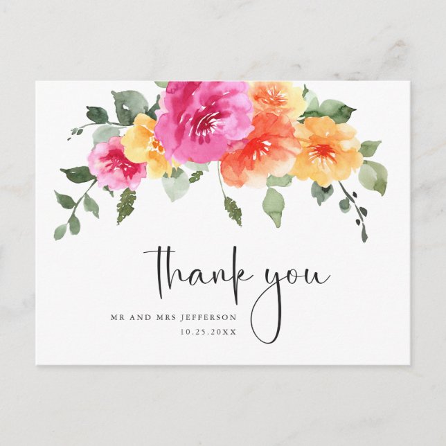 Watercolor Meadow Wildflower Boho Thank You Postcard (Front)