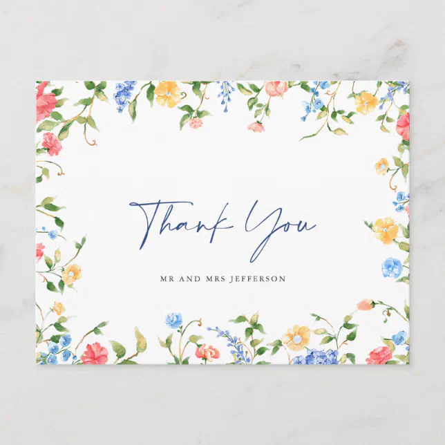 Watercolor Meadow Wildflower Boho Thank You Postcard | Zazzle