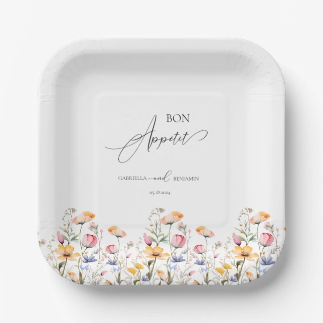 Watercolor Meadow Wildflower Classic Wedding Paper Plates (Front)