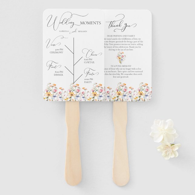 Watercolor Meadow Wildflower Day Schedule Wedding Hand Fan (Front and Back)