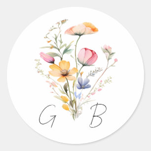 Watercolor Meadow Wildflower Monogram Wedding Classic Round Sticker