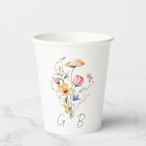 Watercolor Meadow Wildflower Monogram Wedding Paper Cups