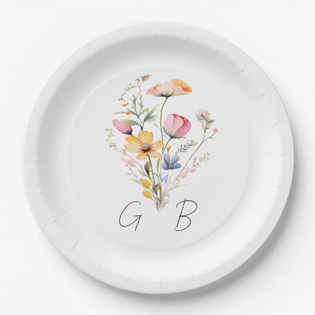Watercolor Meadow Wildflower Monogram Wedding Paper Plates (Front)