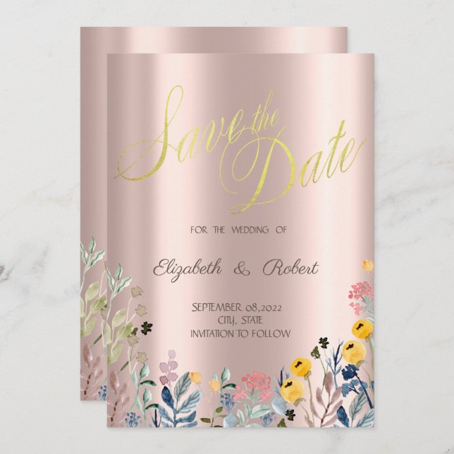 Watercolor Meadow Wildflower Rose Gold Save The Date (Front/Back)
