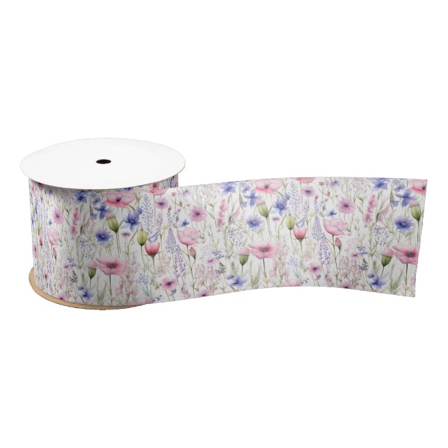 Watercolor Meadow Wildflower Satin Ribbon (Spool)