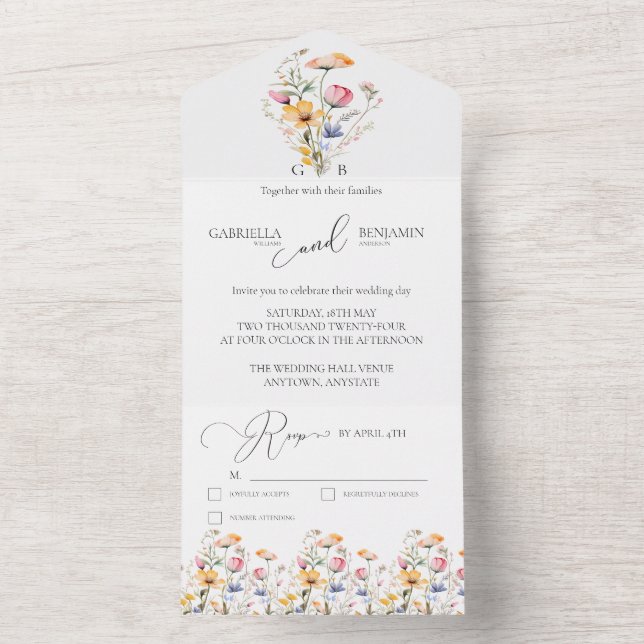 Watercolor Meadow Wildflower Simple Wedding All In One Invitation (Inside)