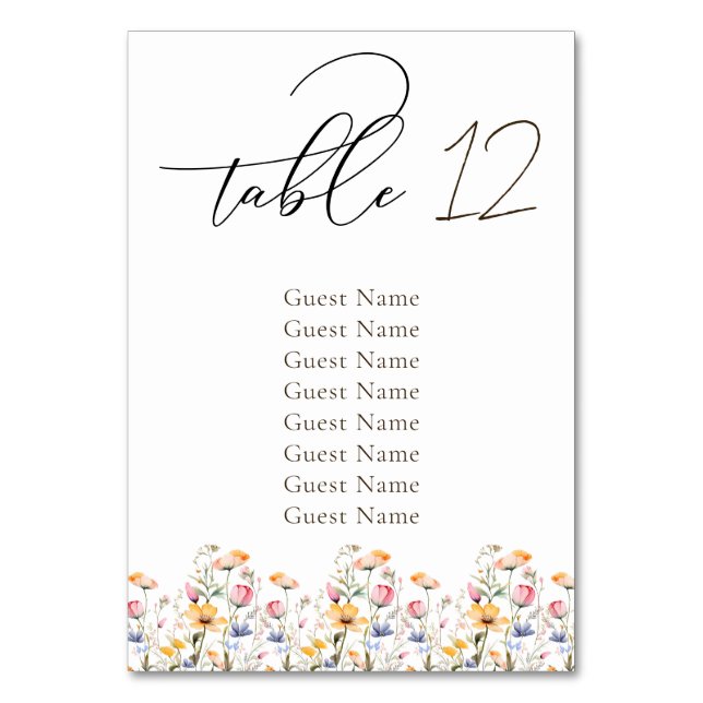 Watercolor Meadow Wildflower Wedding Seating Chart Table Number (Front)