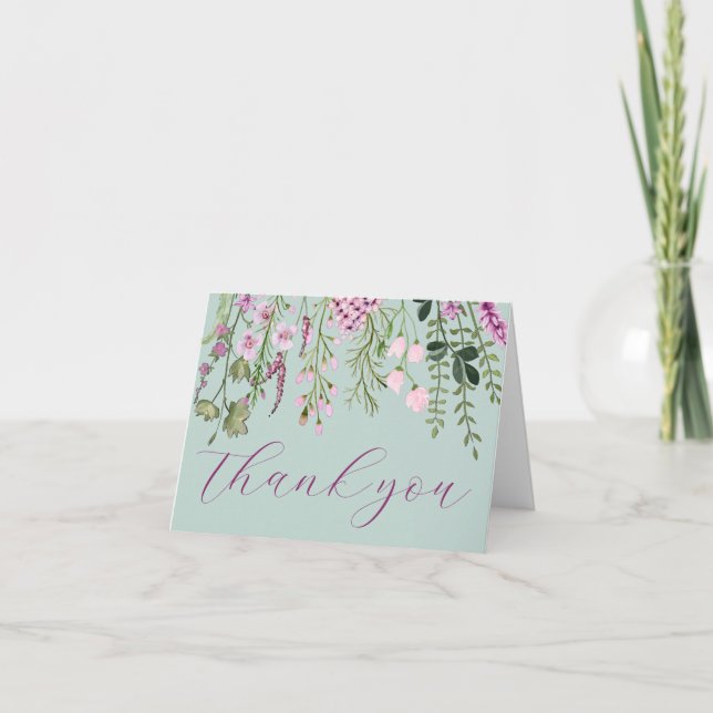 Watercolor Meadow Wildflowers Purple Sage Green  Thank You Card (Front)