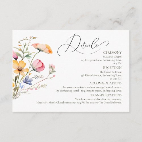 Watercolor Meadow Wildflowers  Wedding Details Enclosure Card