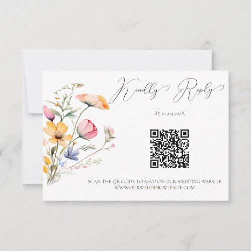 Watercolor Meadow Wildflowers Wedding QR Code RSVP Card