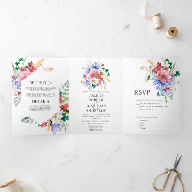Watercolor Meadow Wildflowers Wedding | Tri-Fold Invitation (Inside)