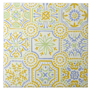 Watercolor Mediterranean Azulejo Boho Pattern Ceramic Tile