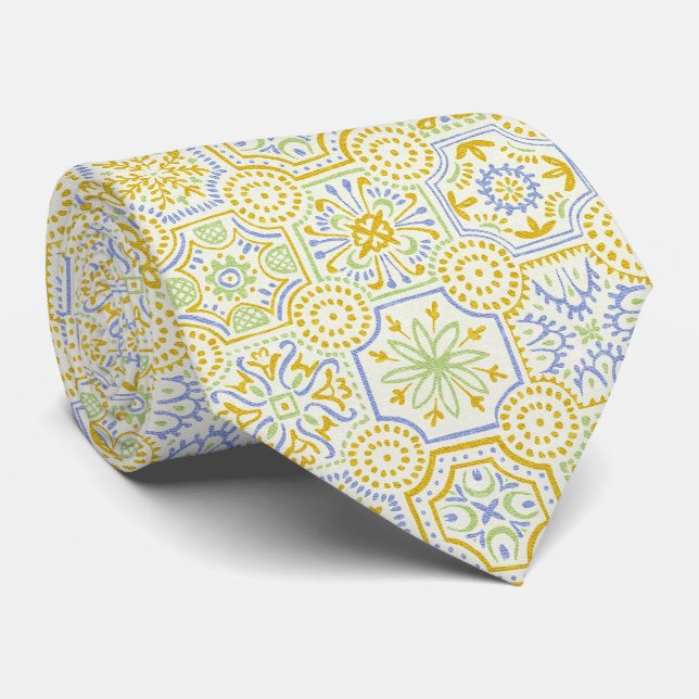 Watercolor Mediterranean Azulejo Boho Pattern  Neck Tie (Rolled)