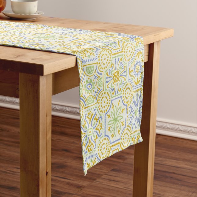 Watercolor Mediterranean Azulejo Boho Pattern  Short Table Runner (In Situ)