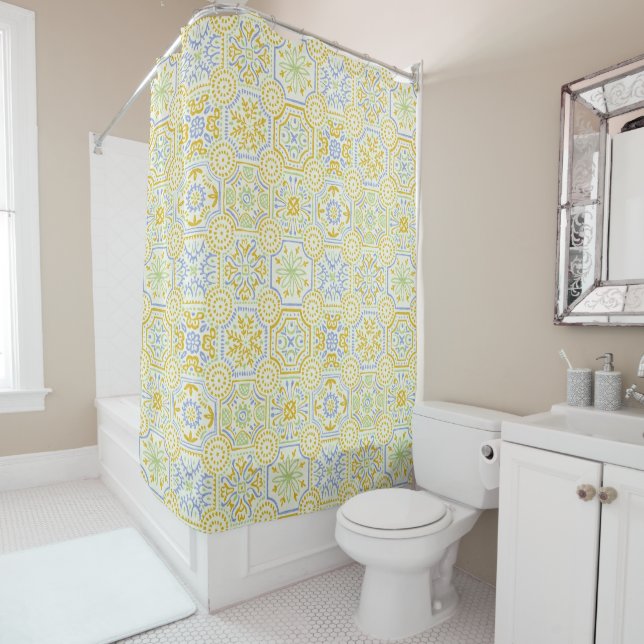 Watercolor Mediterranean Azulejo Boho Pattern  Shower Curtain (In Situ)