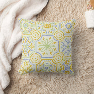 Watercolor Mediterranean Azulejo Boho Pattern Throw Pillow