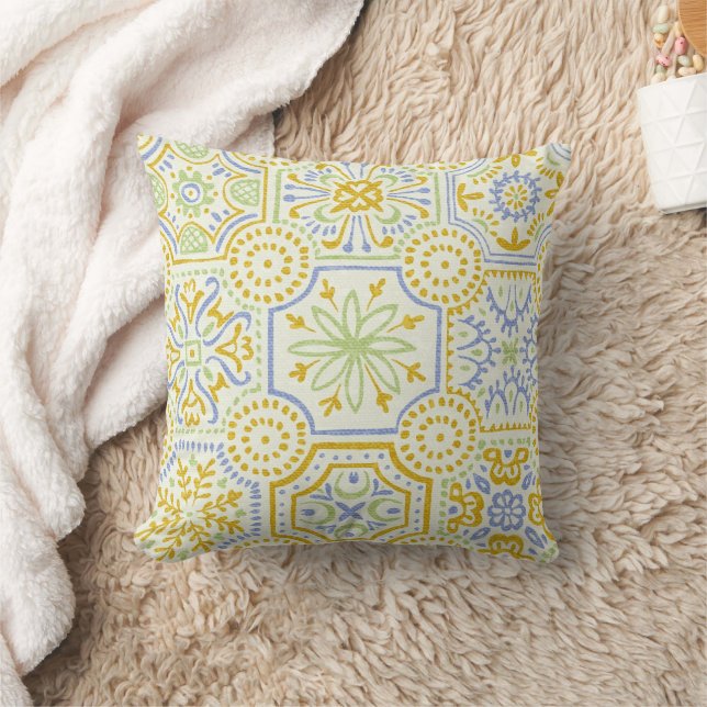 Watercolor Mediterranean Azulejo Boho Pattern  Throw Pillow (Blanket)